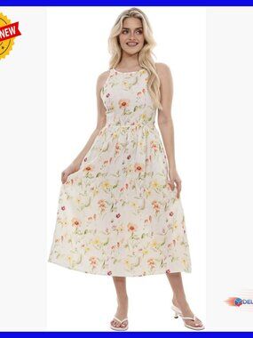 100% Linen Back-Tie Midi Dress Sleeveless Summer Casual Sundress